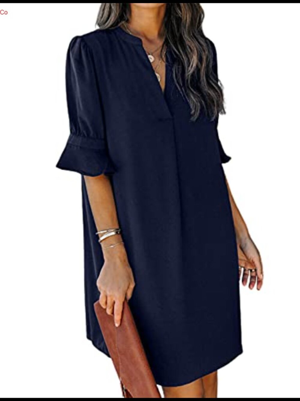 Women Summer Shift Dress V Neck Ruffle Short Sleeve Pullover Midi